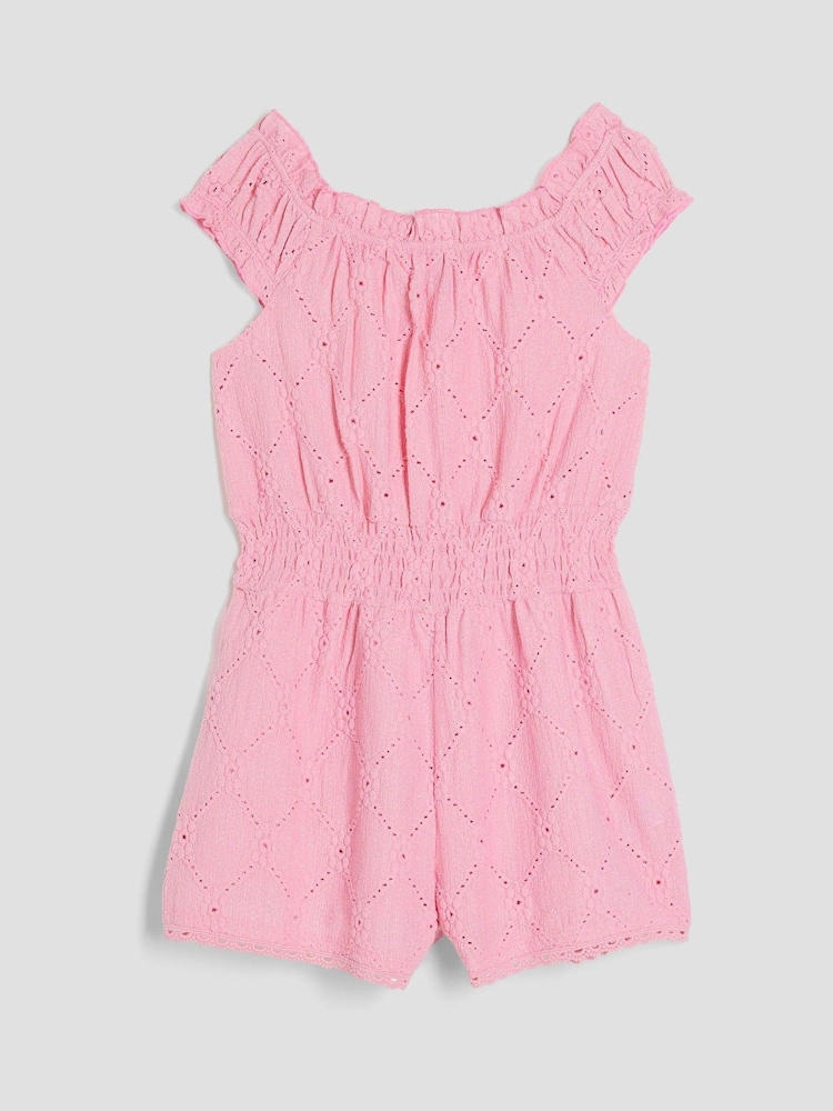 River Island Pink Girls Shirred Textured Playsuit - Image 1 of 4