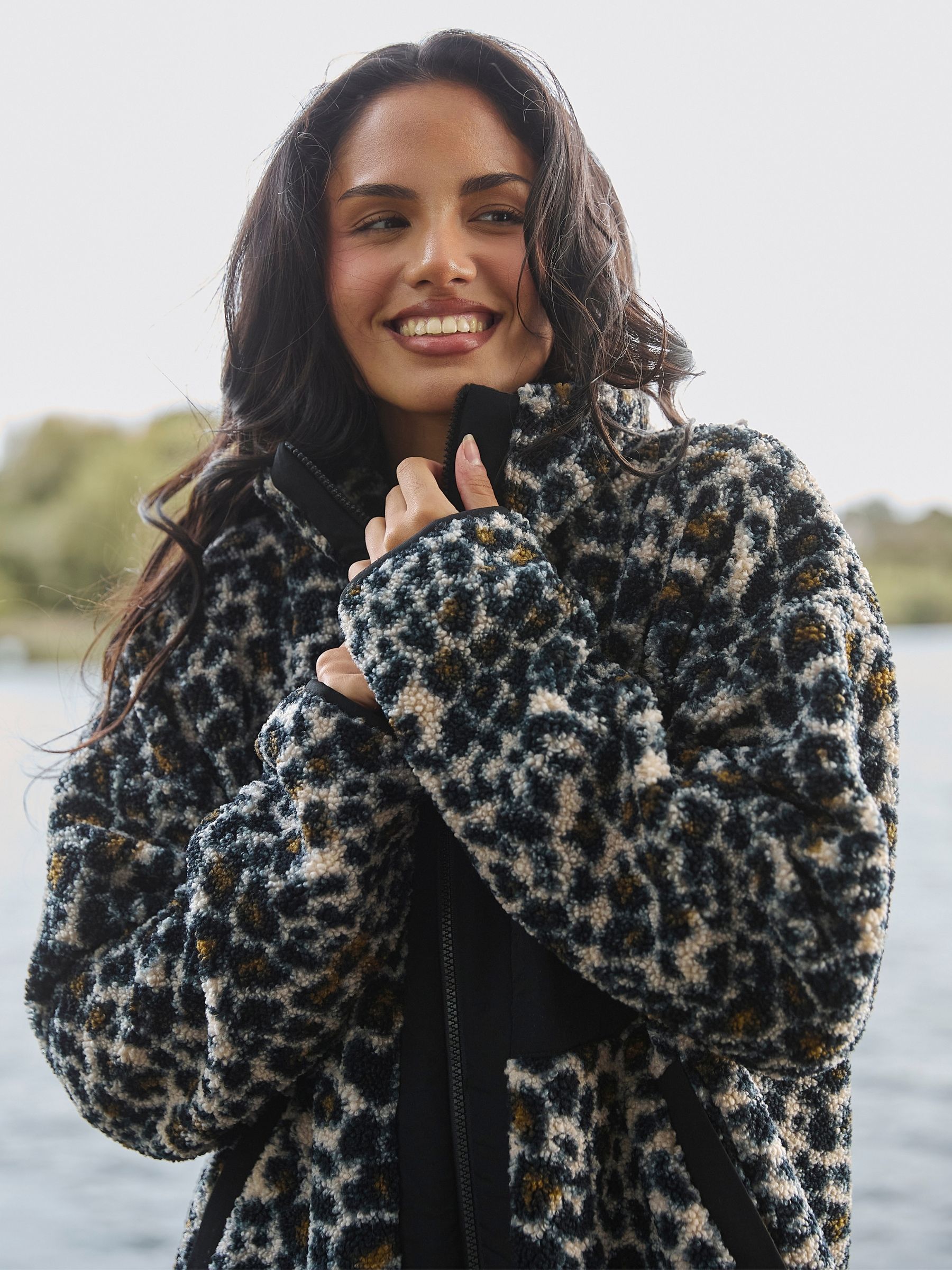 Buy South Beach Animal Leopard Print Oversized Borg Zip Jacket