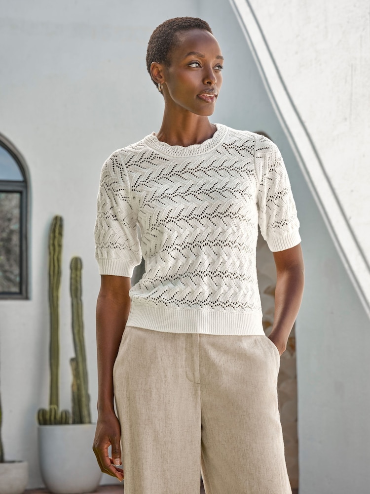 Pure Collection 100% Cotton Crochet Trim Top - Image 1 of 3