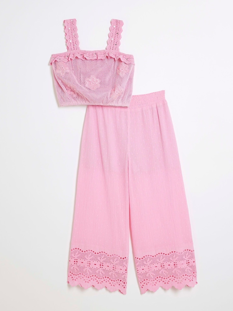 River Island Pink Girls Crochet 100% Cotton Trousers Set - Image 1 of 5