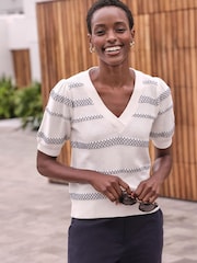 Pure Collection Cream 100% Cotton Short Sleeve Puff  Stripe Sweater - Image 1 of 3