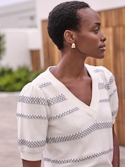 Pure Collection Cream 100% Cotton Short Sleeve Puff  Stripe Sweater - Image 2 of 3