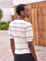 Pure Collection Cream 100% Cotton Short Sleeve Puff  Stripe Sweater - Image 3 of 3