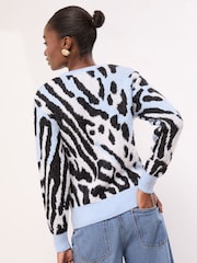 Lipsy Blue Leopard Print Crew Neck Supersoft Knitted Jumper - Image 4 of 4