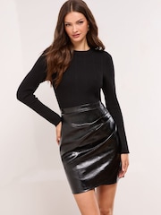 Lipsy Black Faux Leather 2-In-1 Crew Neck Long Sleeve Knitted Mini Dress - Image 1 of 5