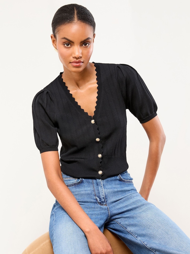 Lipsy Black Scallop Ribbed Knit V-Neck Short Sleeve Cardigan - Image 1 of 4