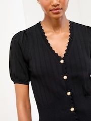 Lipsy Black Scallop Ribbed Knit V-Neck Short Sleeve Cardigan - Image 2 of 4