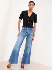 Lipsy Black Scallop Ribbed Knit V-Neck Short Sleeve Cardigan - Image 3 of 4