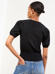 Lipsy Black Scallop Ribbed Knit V-Neck Short Sleeve Cardigan - Image 4 of 4
