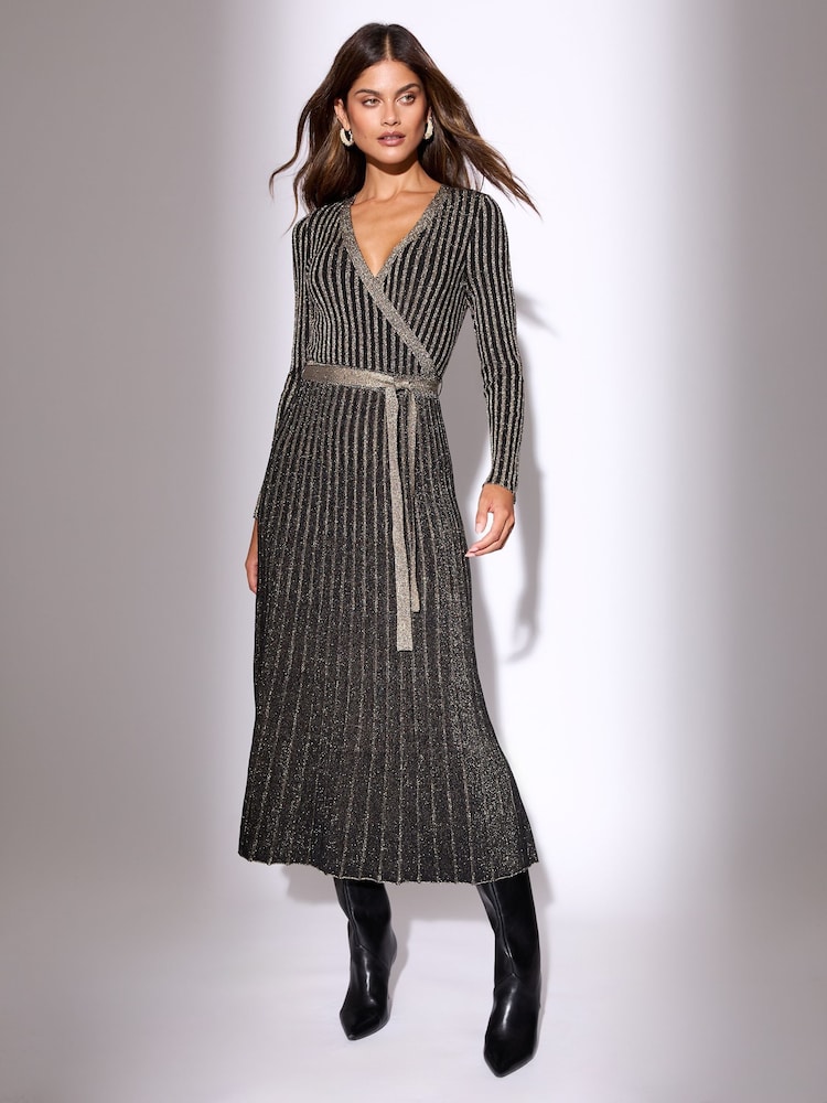 Buy Lipsy Black/Gold Wrap Neck Belted Sparkle Knit Midi Dress from Next USA