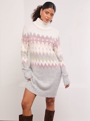 Lipsy Pink/White Christmas Fairisle Pattern Cowl Neck Knitted Jumper Dress - Image 1 of 4