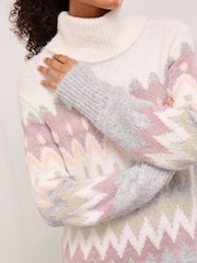 Lipsy Pink/White Christmas Fairisle Pattern Cowl Neck Knitted Jumper Dress - Image 2 of 4