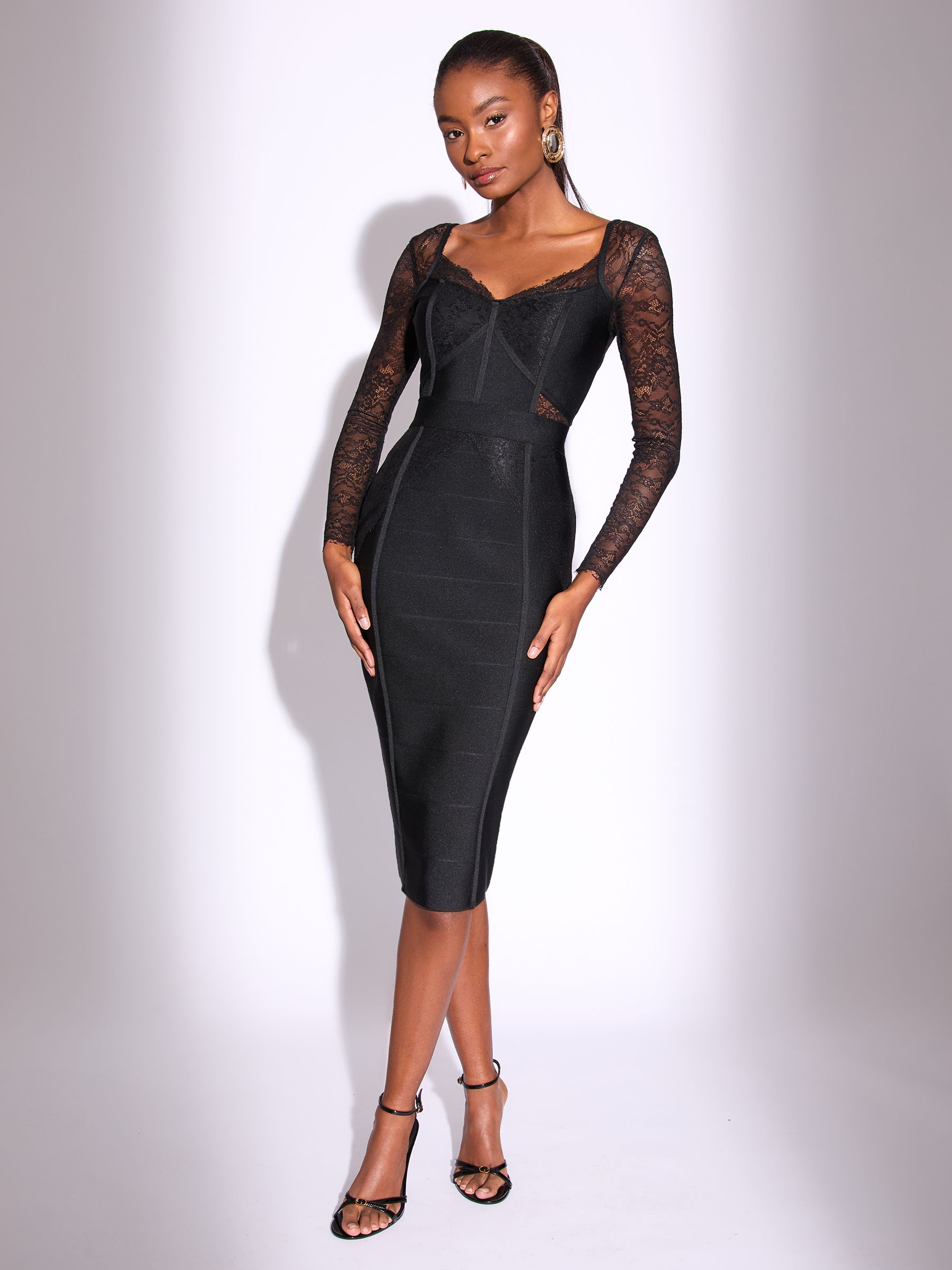 Buy Lipsy Black Lace Detail Long Sleeve V-Neck Knit Midi Bandage