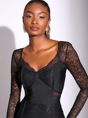 Lipsy Black Lace Detail Long Sleeve V-Neck Knit Midi Bandage Dress - Image 2 of 4