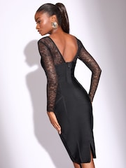 Lipsy Black Lace Detail Long Sleeve V-Neck Knit Midi Bandage Dress - Image 4 of 4