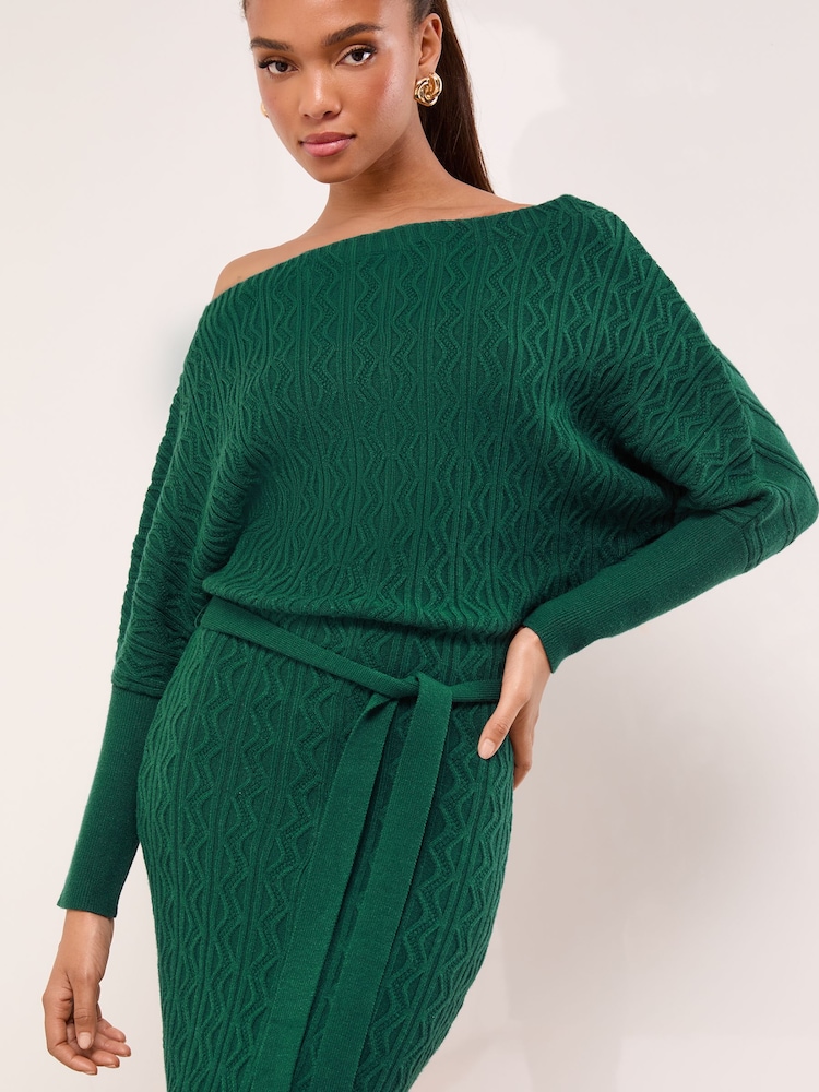 Lipsy Dark Green Slash Neck Belted Blouson Cable Knitted Midi Dress - Image 2 of 4 Lipsy Dark Green Slash Neck Belted Blouson Cable Knitted Midi Dress - Image 2 of 4
