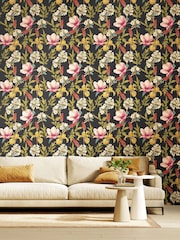Hoopla Walls Ebony and Raspberry Orchid Bloom 10M Wallpaper - Image 1 of 2