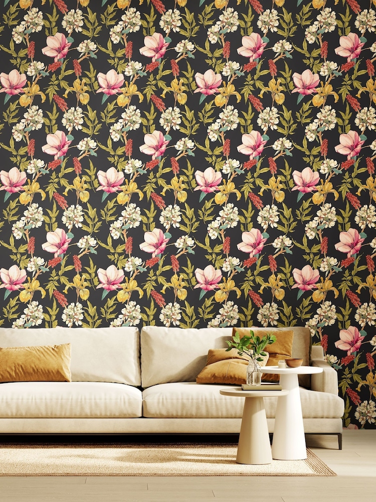 Hoopla Walls Ebony and Raspberry Orchid Bloom 10M Wallpaper - Image 1 of 2