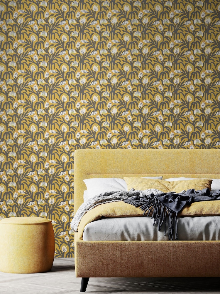 Hoopla Walls Mustard Chunky Flower 10M Wallpaper - Image 1 of 2