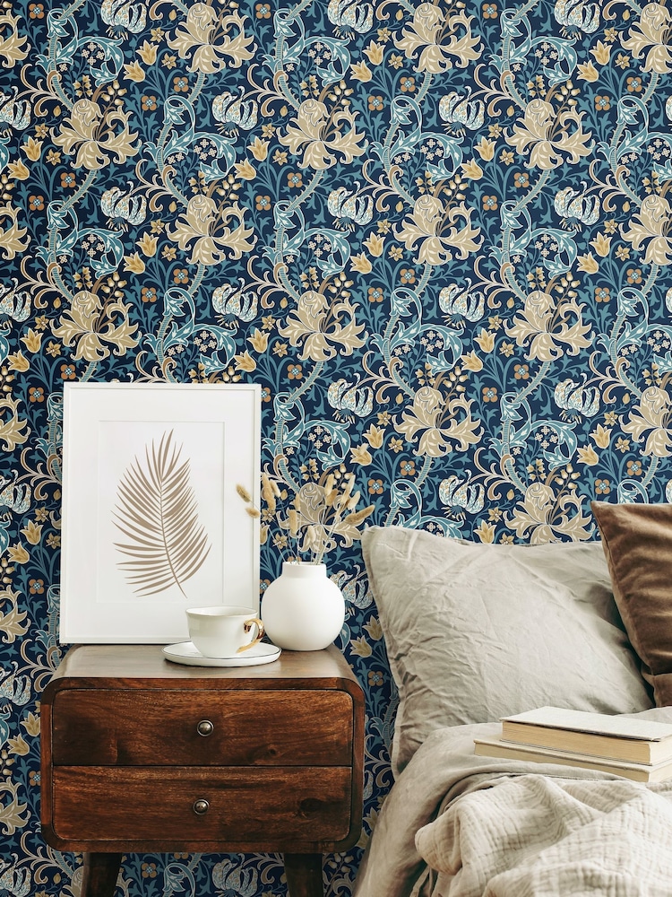 Hoopla Walls Navy Blue Lily Ogee 10M Wallpaper - Image 1 of 2
