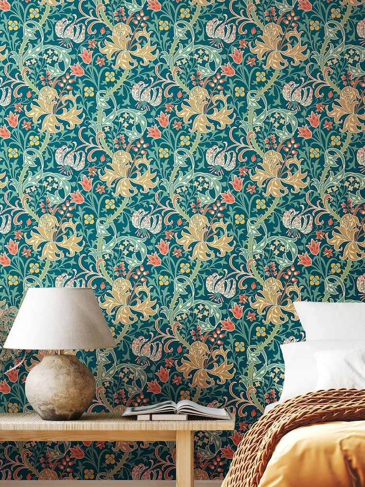 Hoopla Walls Teal Lily Ogee 10M Wallpaper - Image 1 of 2