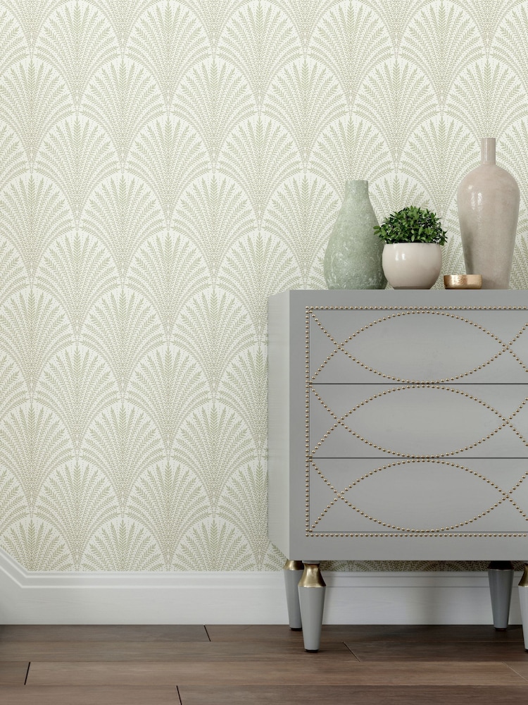 Hoopla Walls Sage Green Leaf Fan 10M Wallpaper - Image 1 of 2