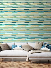 Hoopla Walls Teal Blue Horizontal Stripe 10M Wallpaper - Image 1 of 2