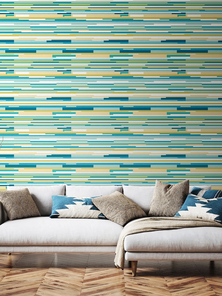 Hoopla Walls Teal Blue Horizontal Stripe 10M Wallpaper - Image 1 of 2