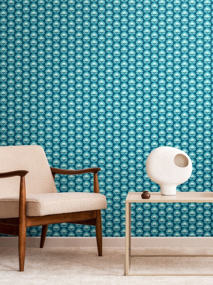Hoopla Walls Teal Mix Retro Flower 10M Wallpaper - Image 1 of 2