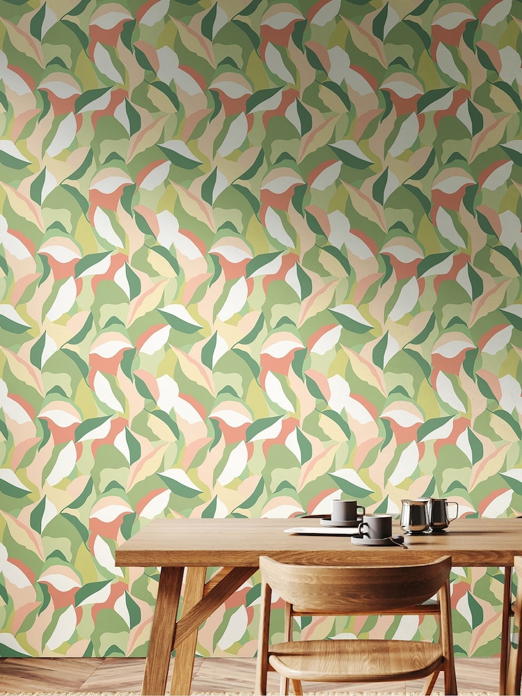 Hoopla Walls Olive and Blush Leafy Patchwork 10M Wallpaper - Image 1 of 2