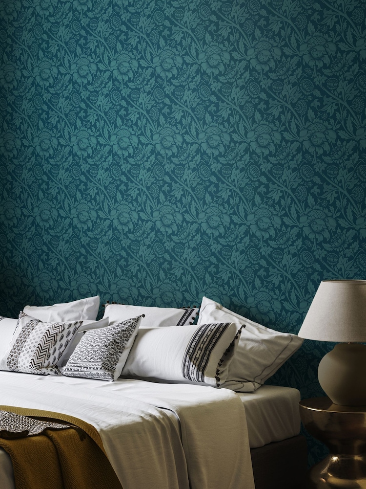 Hoopla Walls Rich Teal Damask Trail 10M Wallpaper - Image 1 of 2