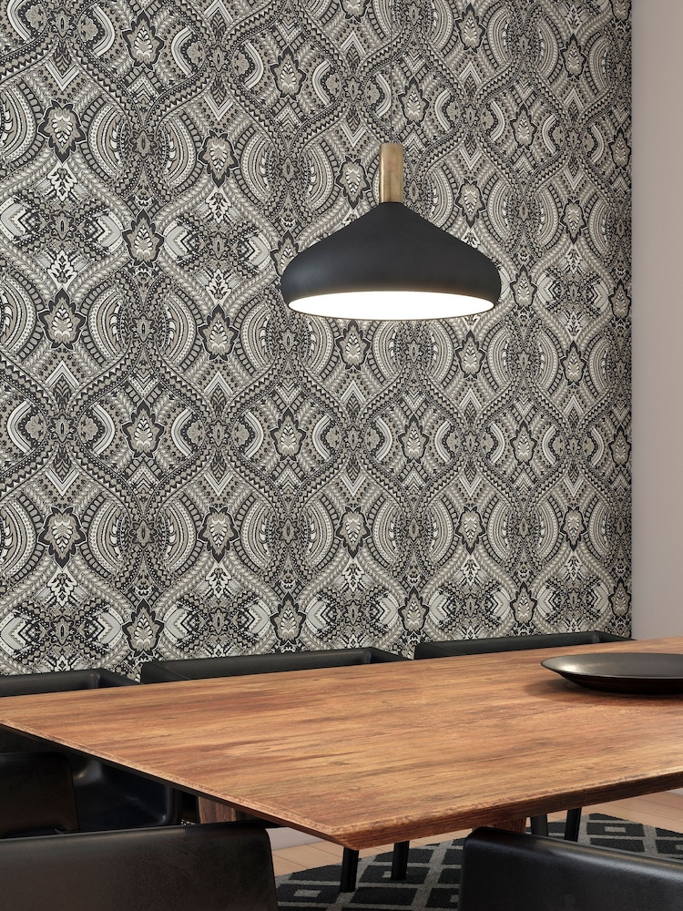 Hoopla Walls Black Ogee Damask 10M Wallpaper - Image 1 of 2