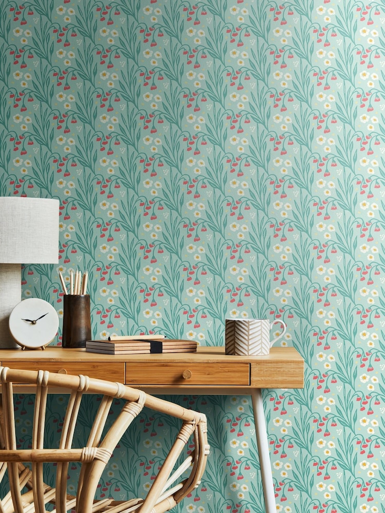 Hoopla Walls Seafoam and Coral Meadow Stripe 10M Wallpaper - Image 1 of 2
