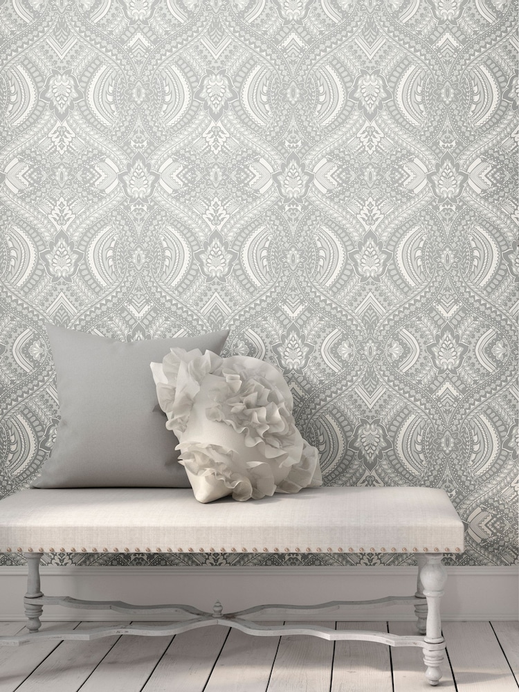 Hoopla Walls Grey Ogee Damask 10M Wallpaper - Image 1 of 2