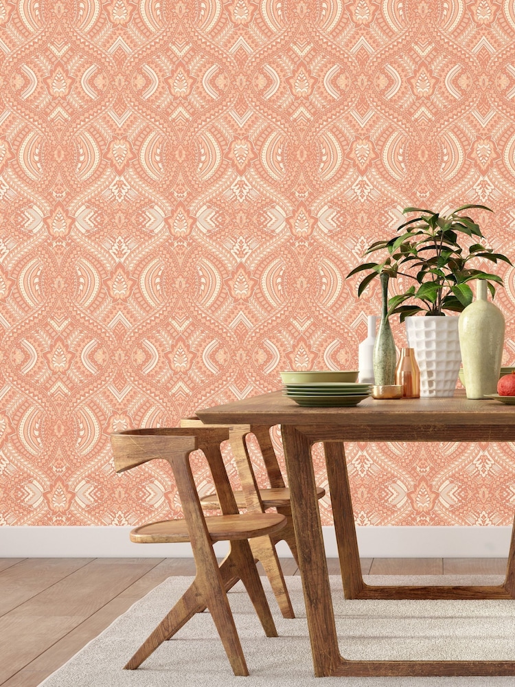 Hoopla Walls Orange Ogee Damask 10M Wallpaper - Image 1 of 2 Hoopla Walls Orange Ogee Damask 10M Wallpaper - Image 1 of 2