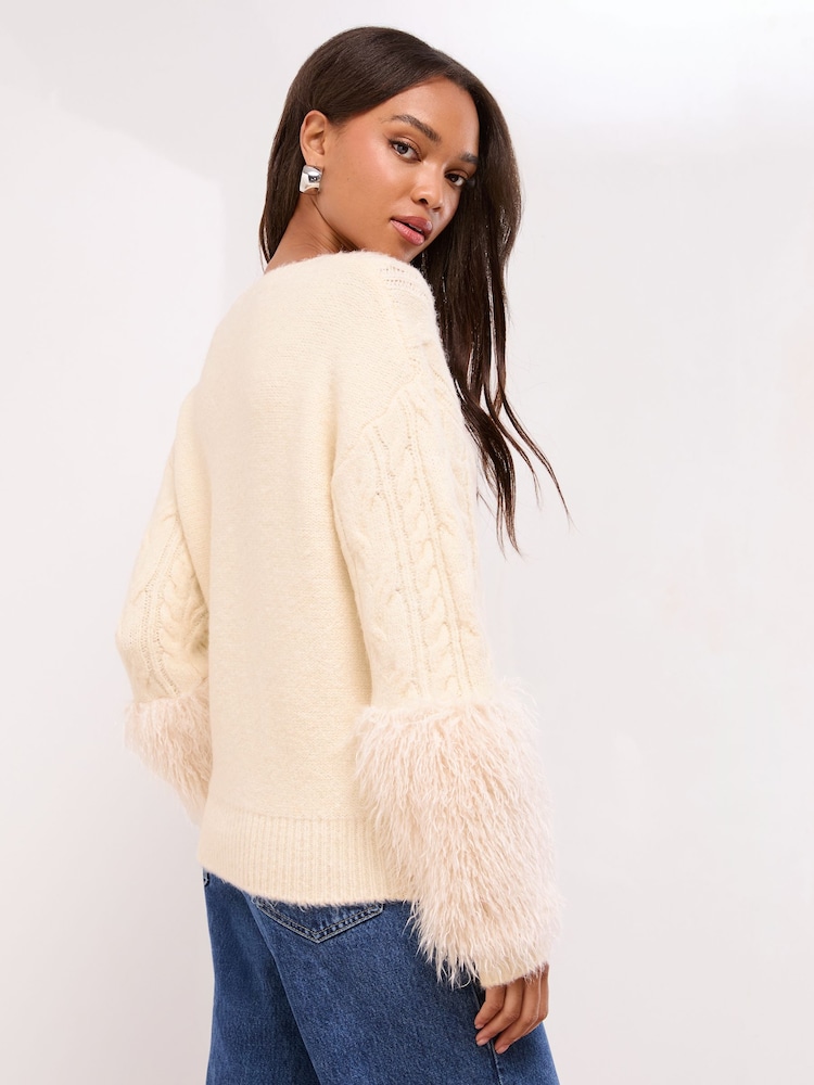Lipsy Ivory Fluffy Faux Fur Trim Sleeve Cable Knitted Jumper - Image 2 of 5 Lipsy Ivory Fluffy Faux Fur Trim Sleeve Cable Knitted Jumper - Image 2 of 5