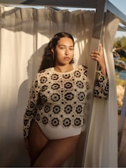 Simply Be Brown Crochet Patchwork Jumper - Image 1 of 6