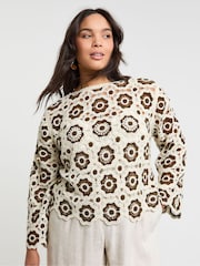 Simply Be Brown Crochet Patchwork Jumper - Image 3 of 6