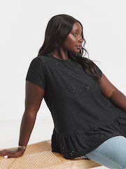 Simply Be Black 100% Cotton Broderie Cap Sleeve Peplum Top - Image 1 of 4