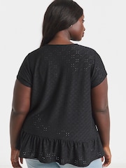 Simply Be Black 100% Cotton Broderie Cap Sleeve Peplum Top - Image 2 of 4