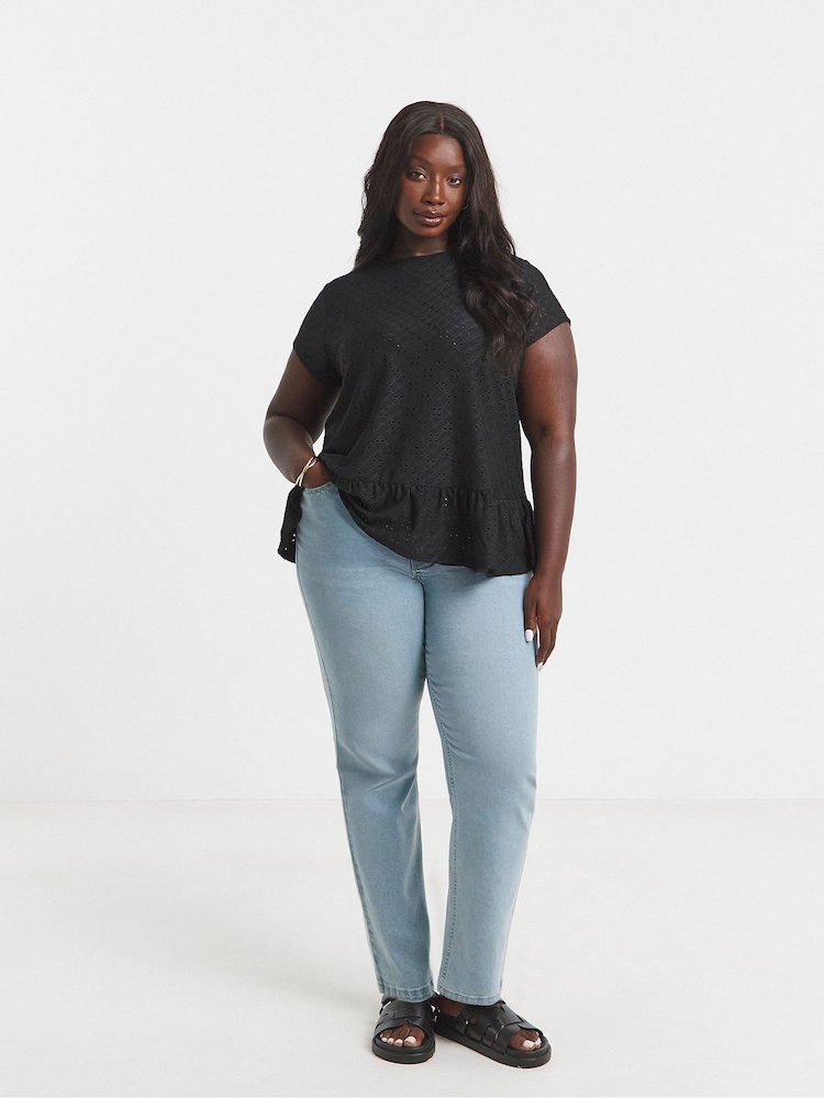 Simply Be Black 100% Cotton Broderie Cap Sleeve Peplum Top - Image 4 of 4