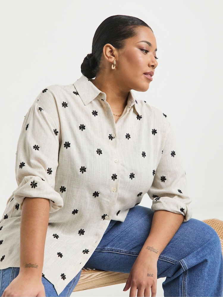 Simply Be White Embroidered Linen Shirt - Image 1 of 5 Simply Be White Embroidered Linen Shirt - Image 1 of 5