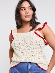 Simply Be Cream Ruffle Knitted 100% Cotton Top With Contrast Tipping - Image 3 of 6