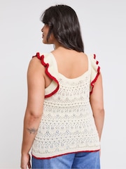 Simply Be Cream Ruffle Knitted 100% Cotton Top With Contrast Tipping - Image 4 of 6
