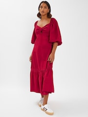 Accessorize Red Twist Puff-Sleeve Midi 100% Cotton Dress - Image 1 of 4