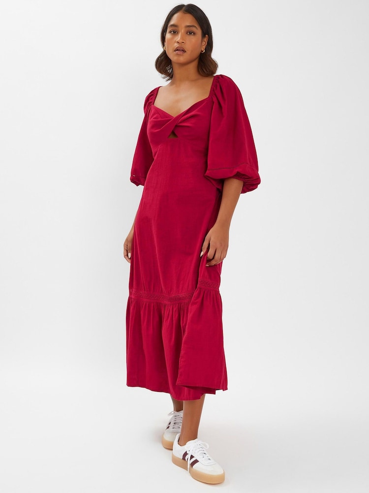 Accessorize Red Twist Puff-Sleeve Midi 100% Cotton Dress - Image 1 of 4