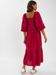 Accessorize Red Twist Puff-Sleeve Midi 100% Cotton Dress - Image 2 of 4