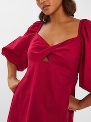 Accessorize Red Twist Puff-Sleeve Midi 100% Cotton Dress - Image 3 of 4