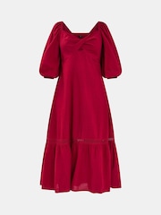 Accessorize Red Twist Puff-Sleeve Midi 100% Cotton Dress - Image 4 of 4