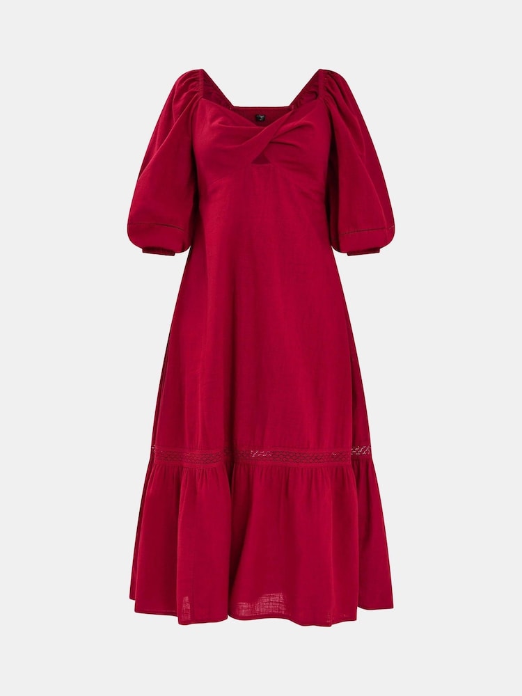 Accessorize Red Twist Puff-Sleeve Midi 100% Cotton Dress - Image 4 of 4